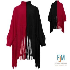 Fringed Lantern-Sleeve Pullover Sweatshirt